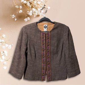 S5A Vintage Brown Tweed Jacket With Floral Embroidered Trim